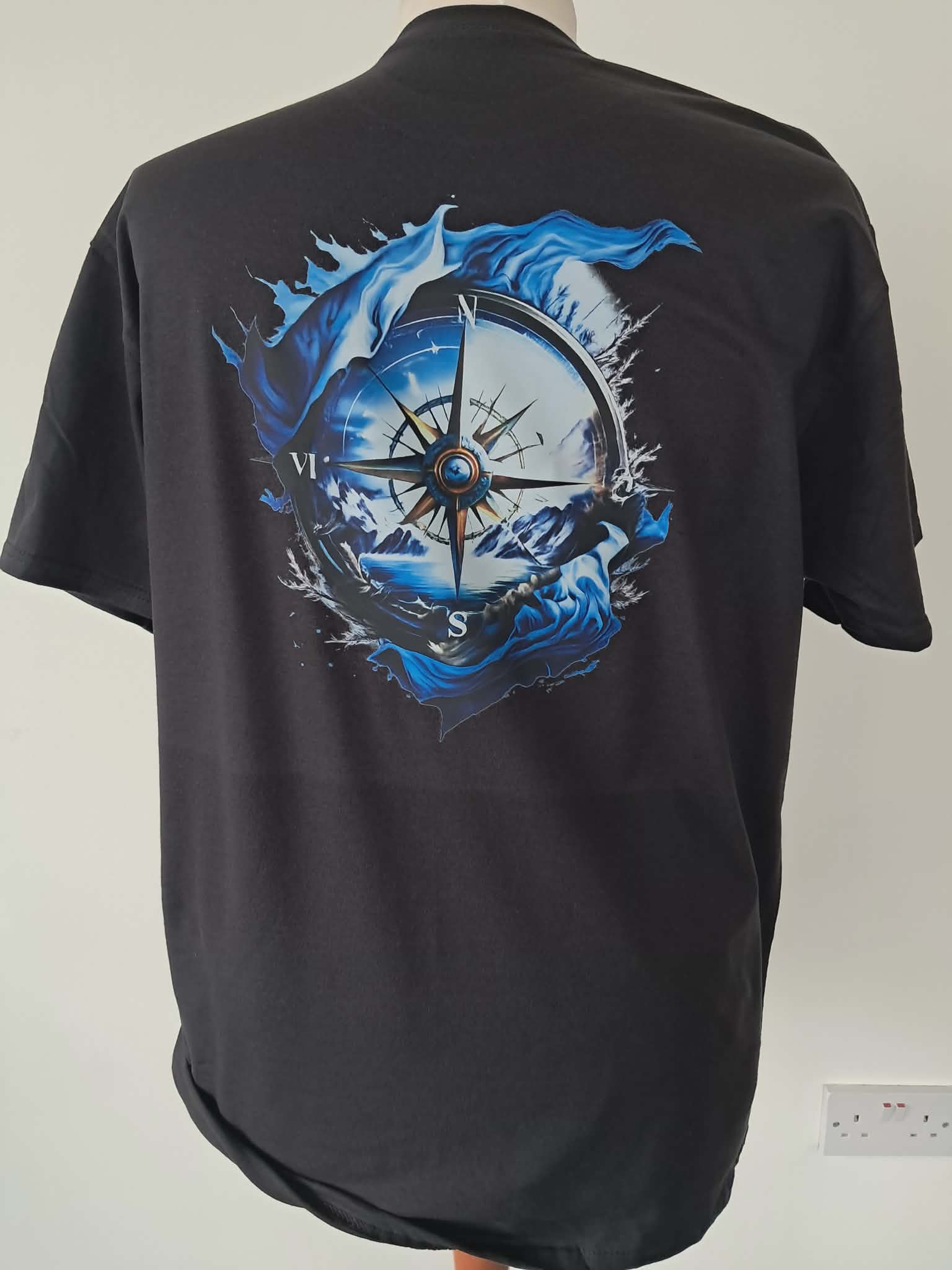 DTF printed t-shirt with detailed compass design